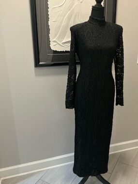 Vintage Susan Rosselli for Vijack Black lace gown-open back long sleeve